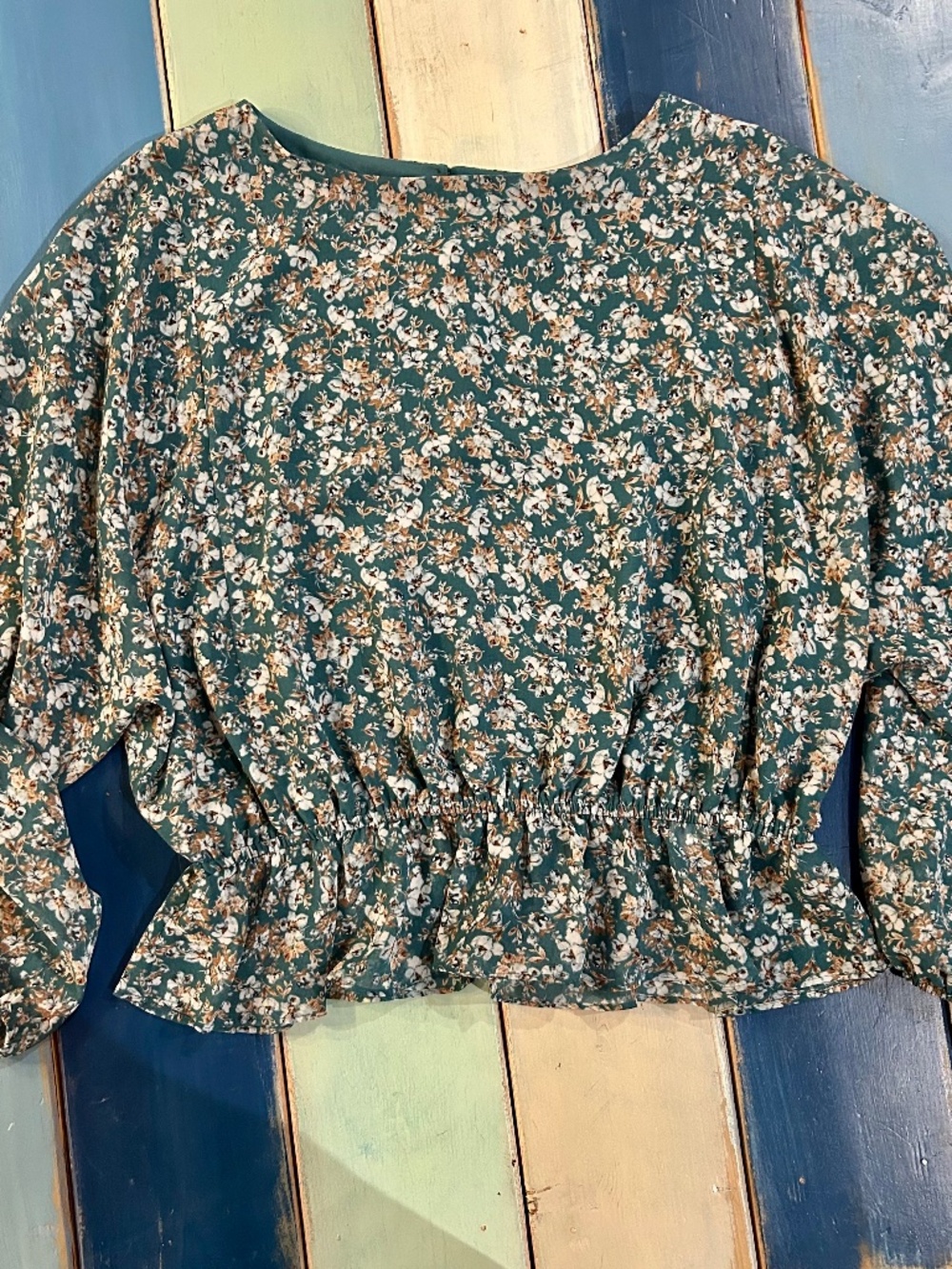 1.STATE Women's L Teal Floral Peplum Blouse Puff Sleeve Boho Cottagecore